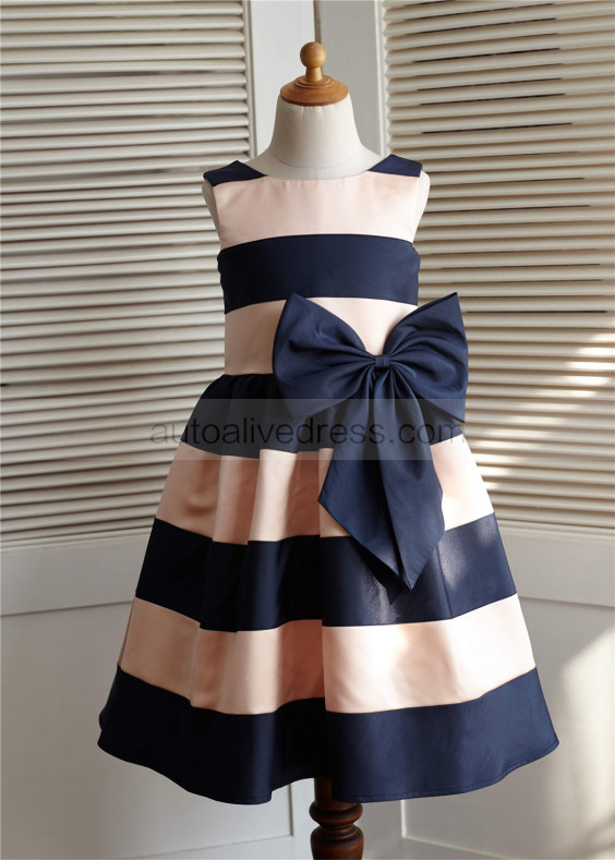 Pink Navy Blue Stripe Taffeta Knee Length Flower Girl Dress